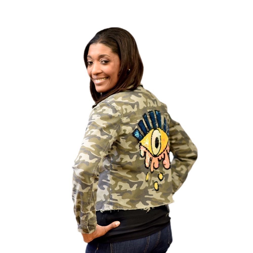 Cropped Camo Jacket W/ Sequin Evil Eye Patch - Picture 2 of 3